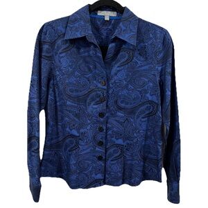Foxcroft Women’s Non Iron Fitted Button Down Shirt Blue Paisley Print 6P NWT